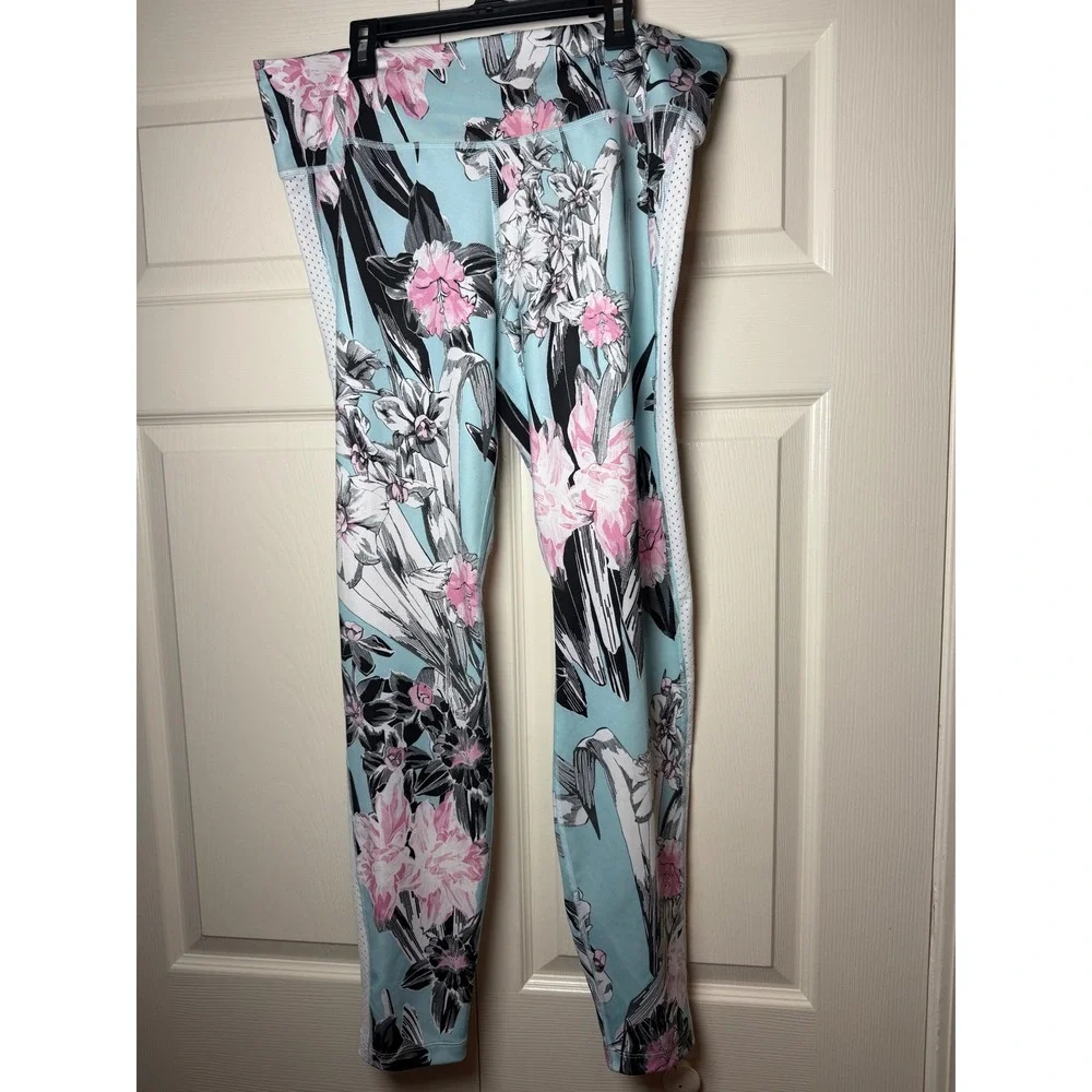 Nike Womens 2XL Floral Print Mesh Panel Leggings Blue Pink